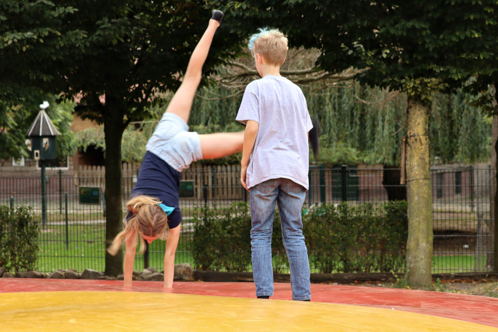 Kleinschalige dierentuin of niet, de kinderen hebben grote lol op het springkussen