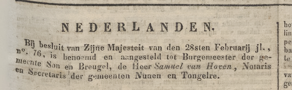 Benoeming Samuel van Hoven als burgemeester van Son en Breugel in de staatscourant